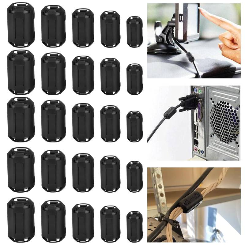 Ferritkerne für Kabel Ferritkerne Ferritfilter: YIDM 25 Pcs Ferrit Ringkern Kabel-Clip Set, Ferritkerne für Kabel, RFI EMI Rauschunterdrücker Kabel Clip für 5 Größe (3.5 mm 5 mm 7 mm 9mm 13mm/Schwarz) von YIDM