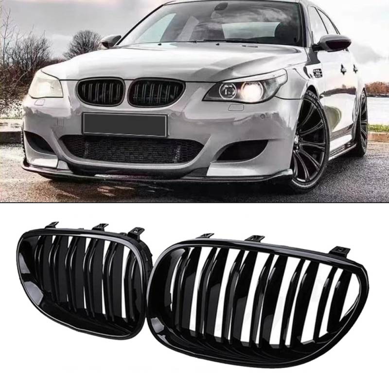 YIGRRO Kühlergrill für 5er E60，Zubehör Sport Frontgrill，Glanz Schwarz Doppelsteg Sport Kühlergrill für BMW 5er E60 E61 M5 2003–2009 E60 E61(E60 2003-2009, Doppelsteg Glanz Schwarz) von YIGRRO