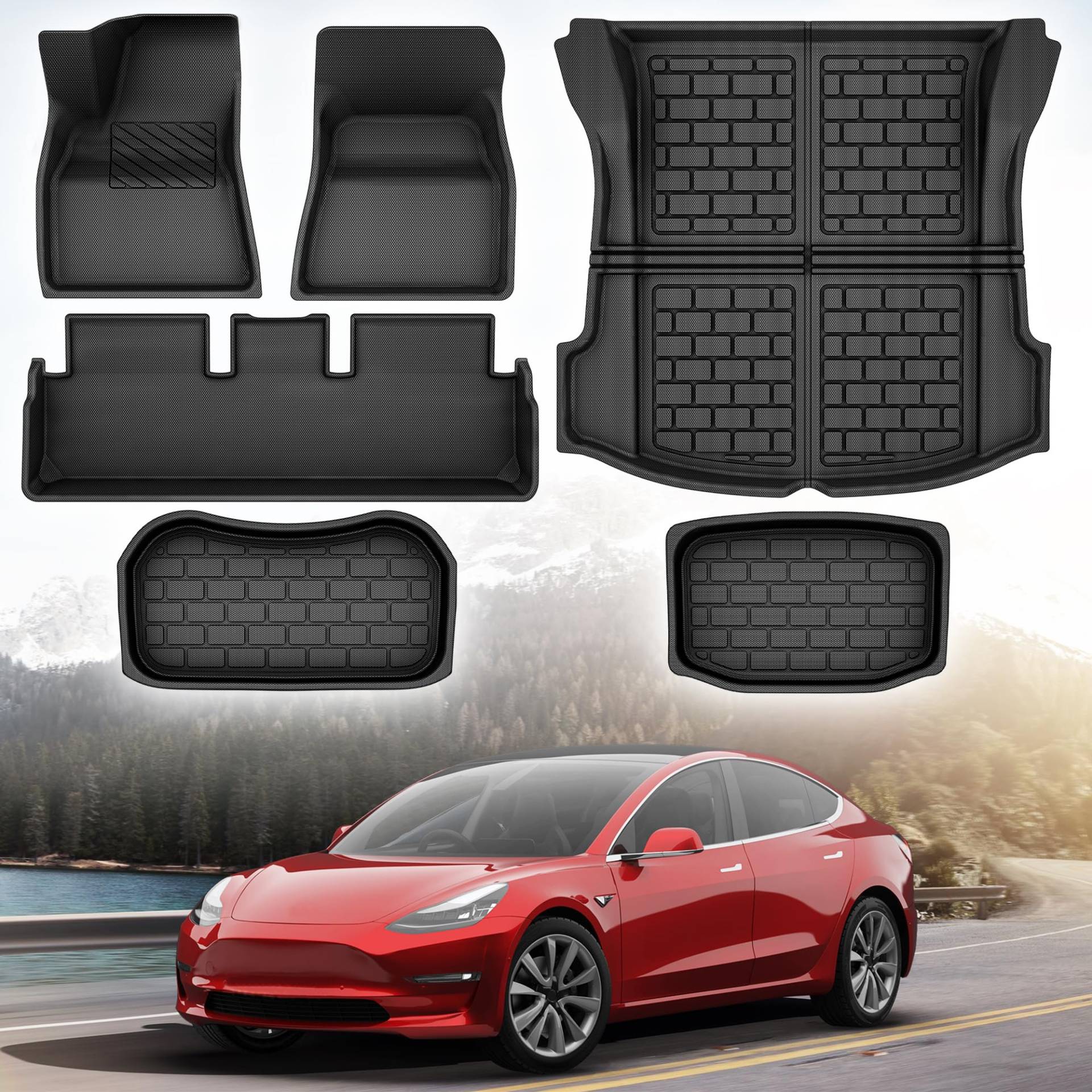 YITAHOME Tesla Model 3 Fußmatten 3D Full Set Liner Allwetter-Innenmatten Anti Rutsch wasserdichte,vordere und hintere Laderaummatten Kompatibel mit Model 3 2023 2022 2021 2020(6 Stück Fußmatten) von YITAHOME