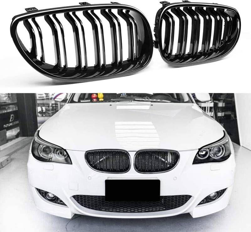 YIUBCZOQI E60 Nieren Schwarz,Kühlergrill passend für BMW 5er E60 E61 M5 2003–2009 E60 E61 Grill Nieren Doppellamellen glänzend schwarz von YIUBCZOQI