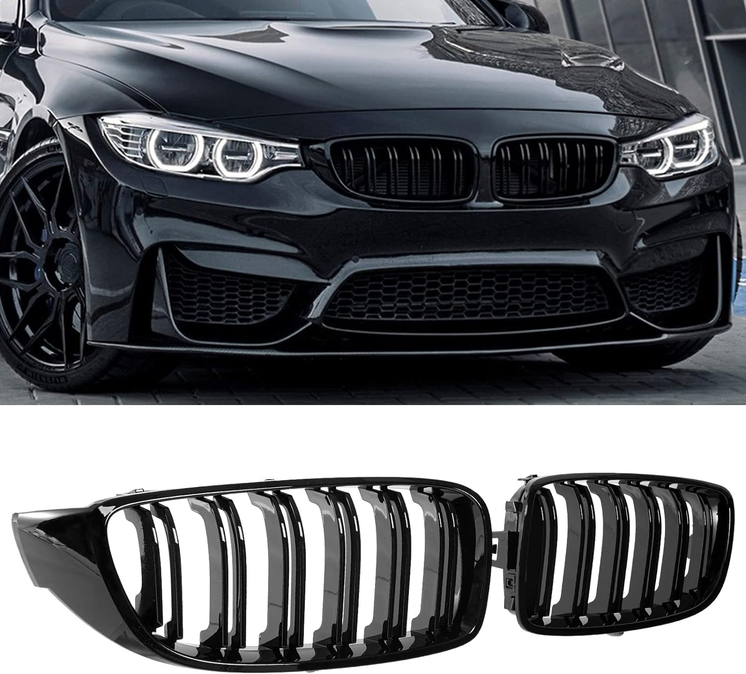 YIUBCZOQI F32 Nierengrill,Passend für BMW 4er F32 F33 F36 M4 2014-2020 Doppelsteg Front Nieren Kühlergrill Gitter Schwarz Glanz Kühler Front Doppel Rippen Grill Links Rechts von YIUBCZOQI