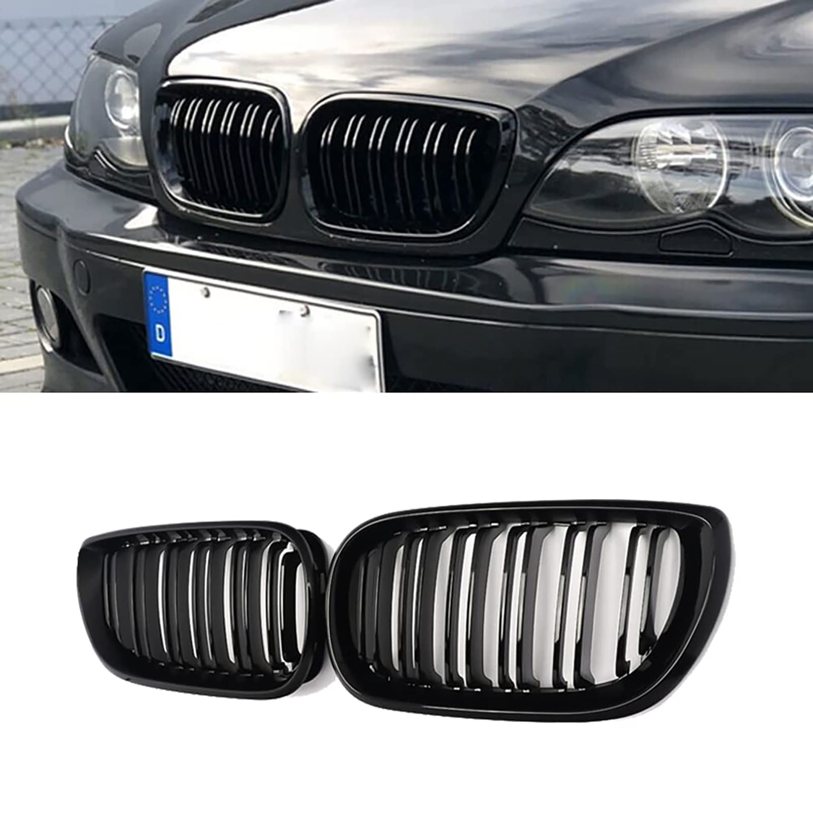 YIUBCZOQI E46 Nieren Schwarz, Kühlergrill Passend für BMW 3er E46 4 Door 4D 2002-2005 LCI Facelift Grill Glanz Schwarz Doppelsteg Sport Kühlergrill 318i 320i 325i 330i von YIUBCZOQI