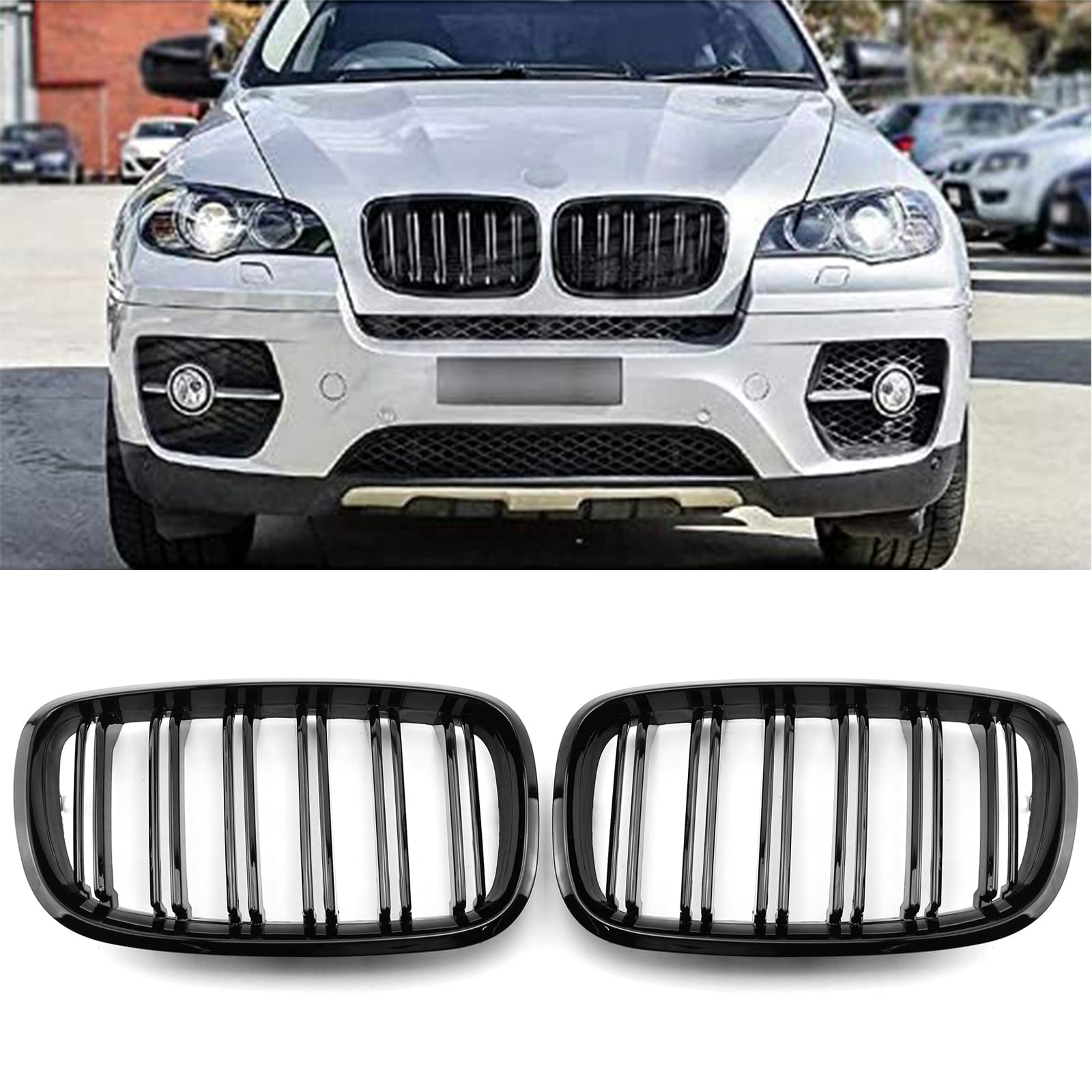 YIUBCZOQI E70 Kühlergrill für BMW X5 E70 X6 E71 2006-2013 Nieren Doppelsteg Sport Glanz Schwarz von YIUBCZOQI