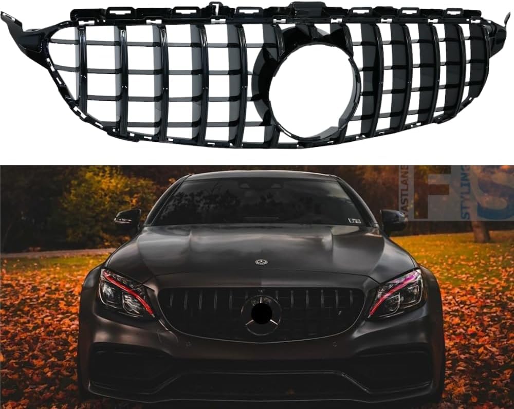 YIUBCZOQI W205 Kühlergrill, GTR GT Style Frontgrill für Mercedes C-class W205 S205 C180 C200 C250 C300 C350 C400 C43 Schwarz glänzend（Nicht passen C63，ohne Kamera）2019 2020 2021 von YIUBCZOQI