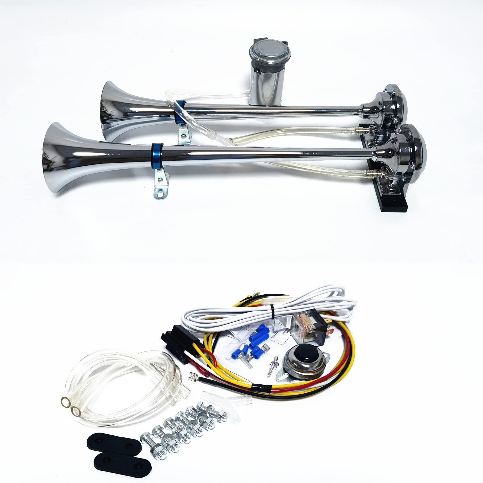 YIYIDA Air Horn 12V Doppelrohrhorn 165db Auto Lautsprecher Silber Chrom Zink Trompete Mit Air Pump für LKW Moto Van Boot Zug von YIYIDA