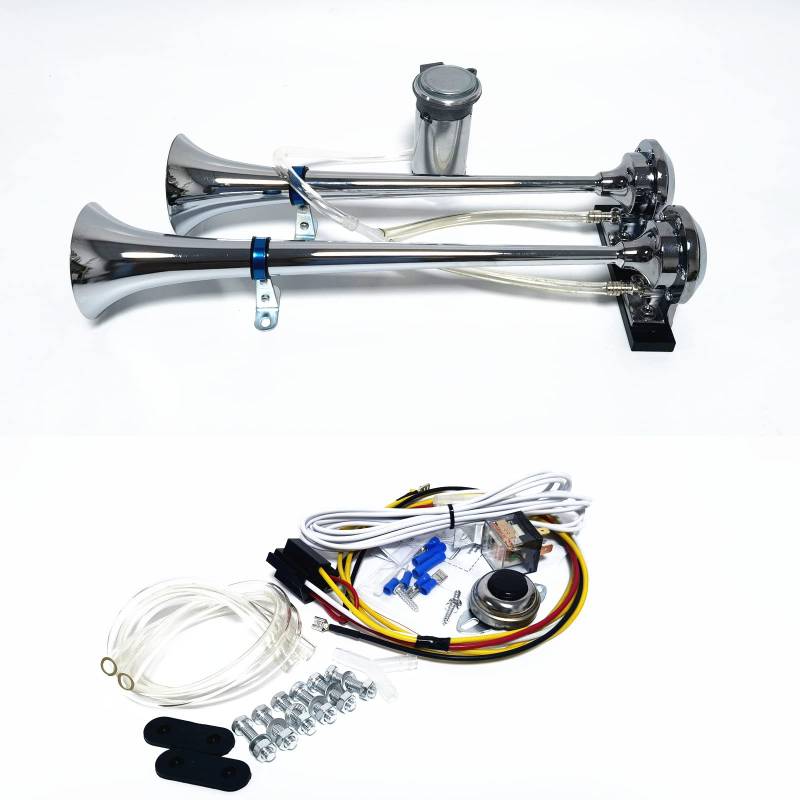 YIYIDA Air Horn Autohupe Lufthorn 12V Höhen und Bässe Doppelrohrhorn 165db Auto Lautsprecher Silber Chrom Zink Trompete LKW Horn mit Air Pump Car Horn für 12V LKW Moto Van Boot Zug etc von YIYIDA