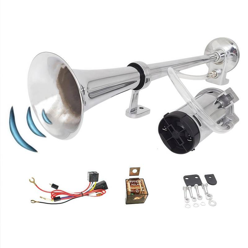 YIYIDA Auto Horn Autohupe LKW Horn Einzeltrompete 24V Car Horn Lauter Klang Lufthorn Autohupe Schiff Horn Lautsprecher silber Chrom Zink Lufthorn mit Kompressor Air Horn für 24V Auto LKW Boot etc von YIYIDA