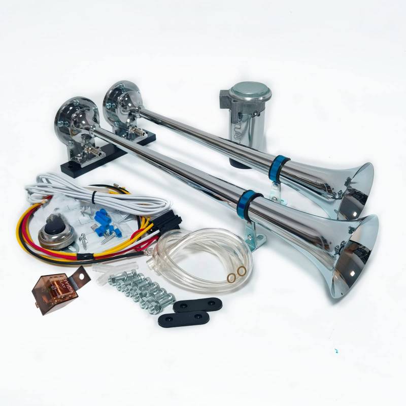 YIYIDA Autohorn 170db Lufthorn 24V Chrom Zink Autolautsprecher Silber Trompete LKW Hupe Mit Luftpumpe Kompressor Doppelrohr Air Horn Für Auto Zug Schiff von YIYIDA