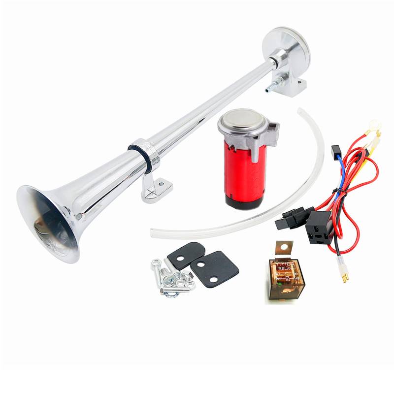 YIYIDA Autohupe Air Horn Lufthupe 150DB Hupe 45cm LKW-Hupe Autolautsprecher Chrom Zink Einzeltrompete Rote Laute Hupe mit Car Horn Luftpumpenkompressor LKW-Hupe für 24V Car LKW Auto Boot ect von YIYIDA