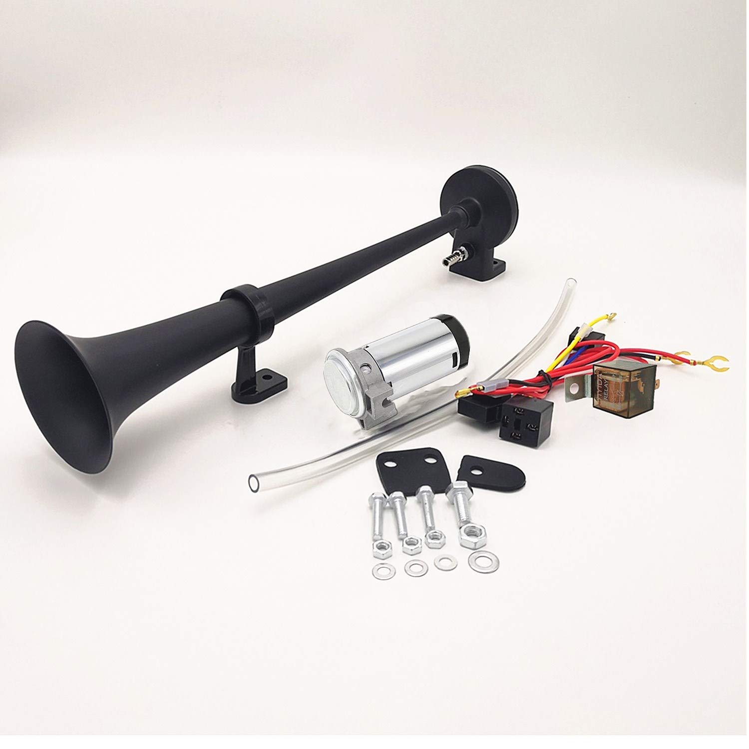 YIYIDA Autohupe Car Horn150DB Auto Elektrische Hupe 450mm Lufthupe Chrom-Zink Schwarz Einzel-Trompeten-Hupe Autolautsprecher mit Kompressor-Luftpumpe für alle 12V car LKW Van Moto Boot SUV etc von YIYIDA