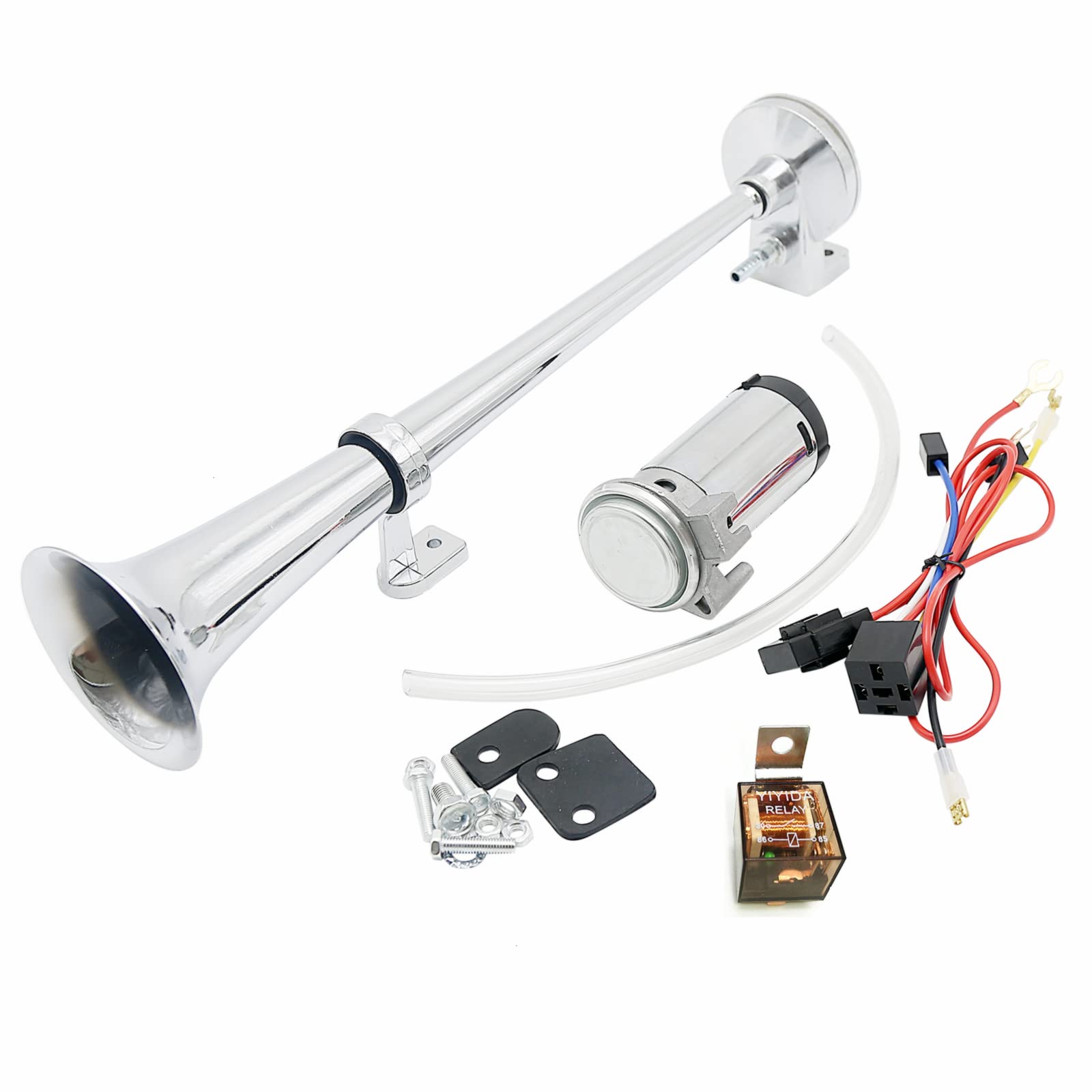 YIYIDA Autohupe Lufthupe 12V Car Horn 150DB Hupe 45cm Autolautsprecher Silber Chrom Zink Einzeltrompete Superlaute Hupe mit Luftpumpen-LKW-Hupe Air Horn für jedes 12V Fahrzeug LKW Car Van SUV Boot usw von YIYIDA