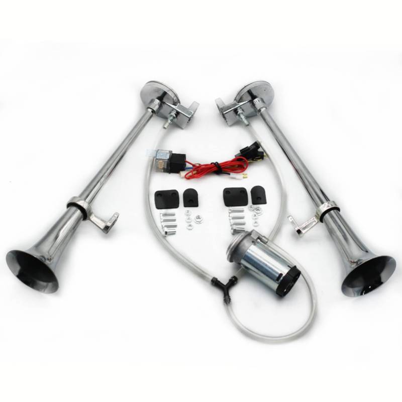 YIYIDA Autohupe Trompete Schiff Horn Chrom Zink 165db Elektrisches Silber 12V High und Low Tone Wasserdichtes Doppelrohr Lufthorn für Auto LKW Yacht etc von YIYIDA