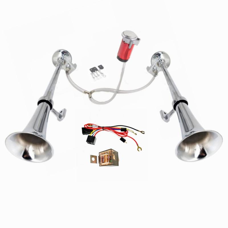 YIYIDA Lufthupe LKW Hupe Schiffshupe 24V Auto Hupe Doppelrohr Zink Chrom Silber 170db Car Horn wasserdichte Hupe mit roter Luftpumpe erklingen Lautsprecher Air Horn für 24V Auto LKW Moto SUV usw von YIYIDA