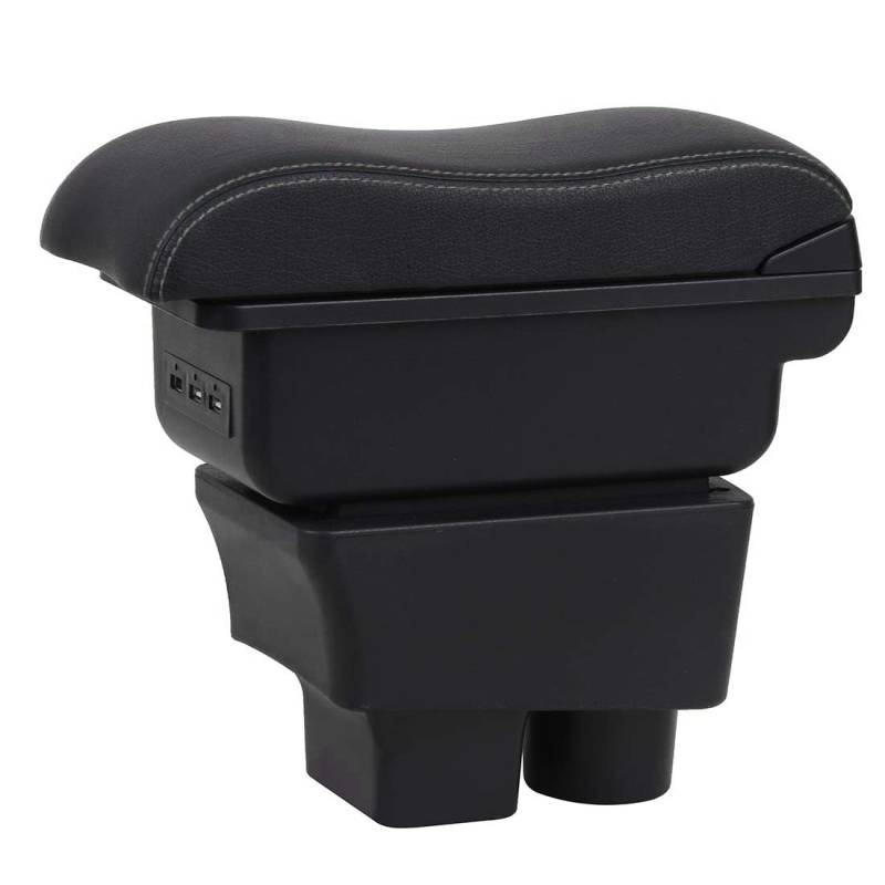 Auto Armlehnen für Fabia 2 2008-2013 Doppelschicht Mittelkonsole Große Aufbewahrungsbox mit 3 USB-Ladeanschluss Schwarz mit weißen Nähten von YJYWZH