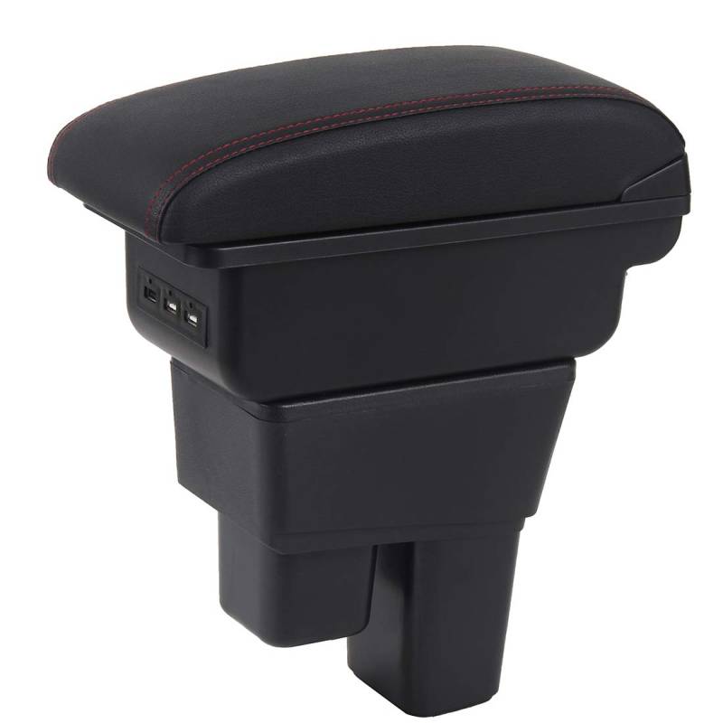 YJYWZH Auto Armlehnen für HONDA Fit Jazz 2009-2013 Doppelschicht Mittelkonsole Große Aufbewahrungsbox mit 3 USB-Ladeanschluss Schwarz mit roten Nahten von YJYWZH