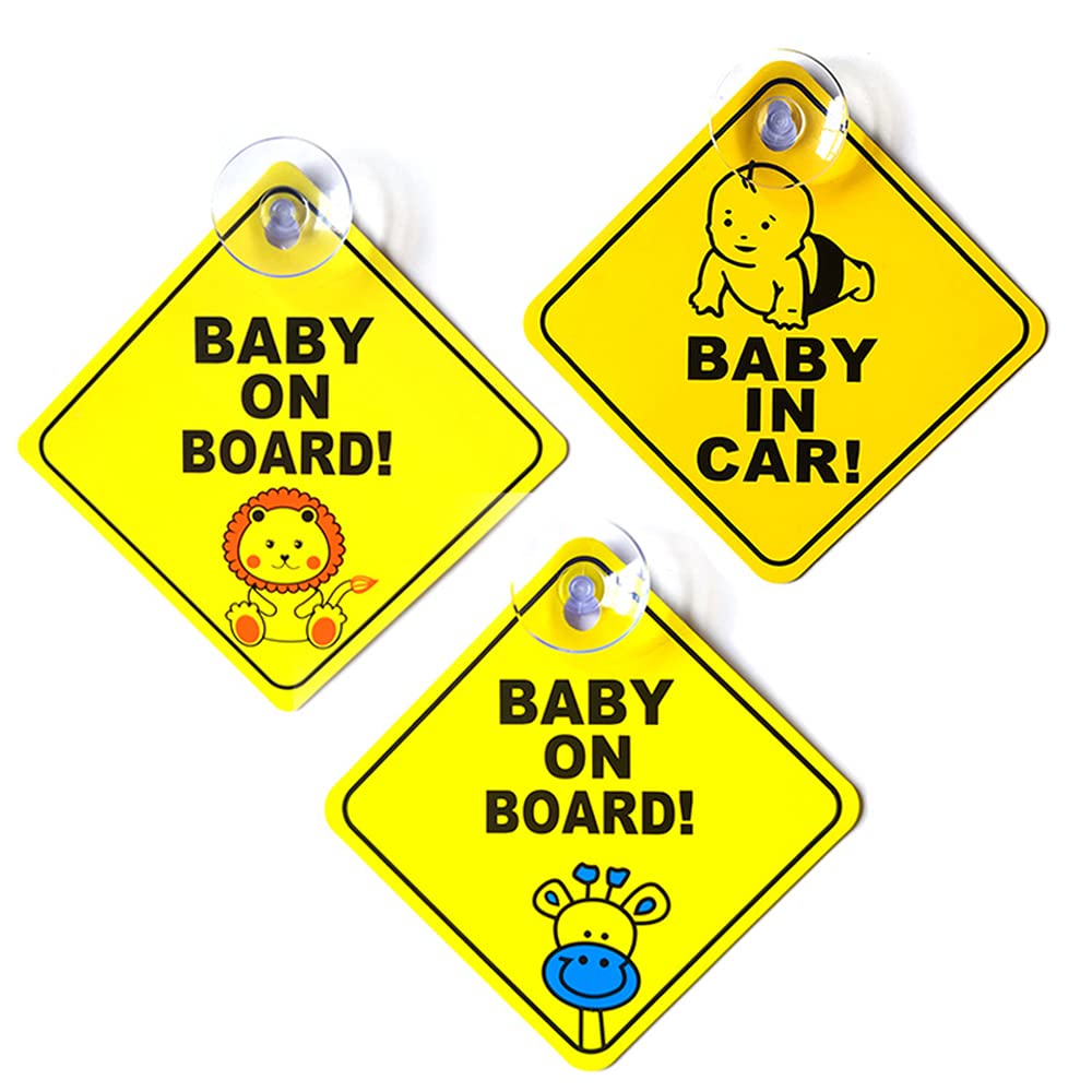 Baby an Bord Auto Aufkleber,Baby-Autoaufkleber 3 Pack PVC Quadrat Kinder Sicherheit Vorsicht Zeichen mit Saugnapf Sicherheitsschilder für Autos von YKKJ