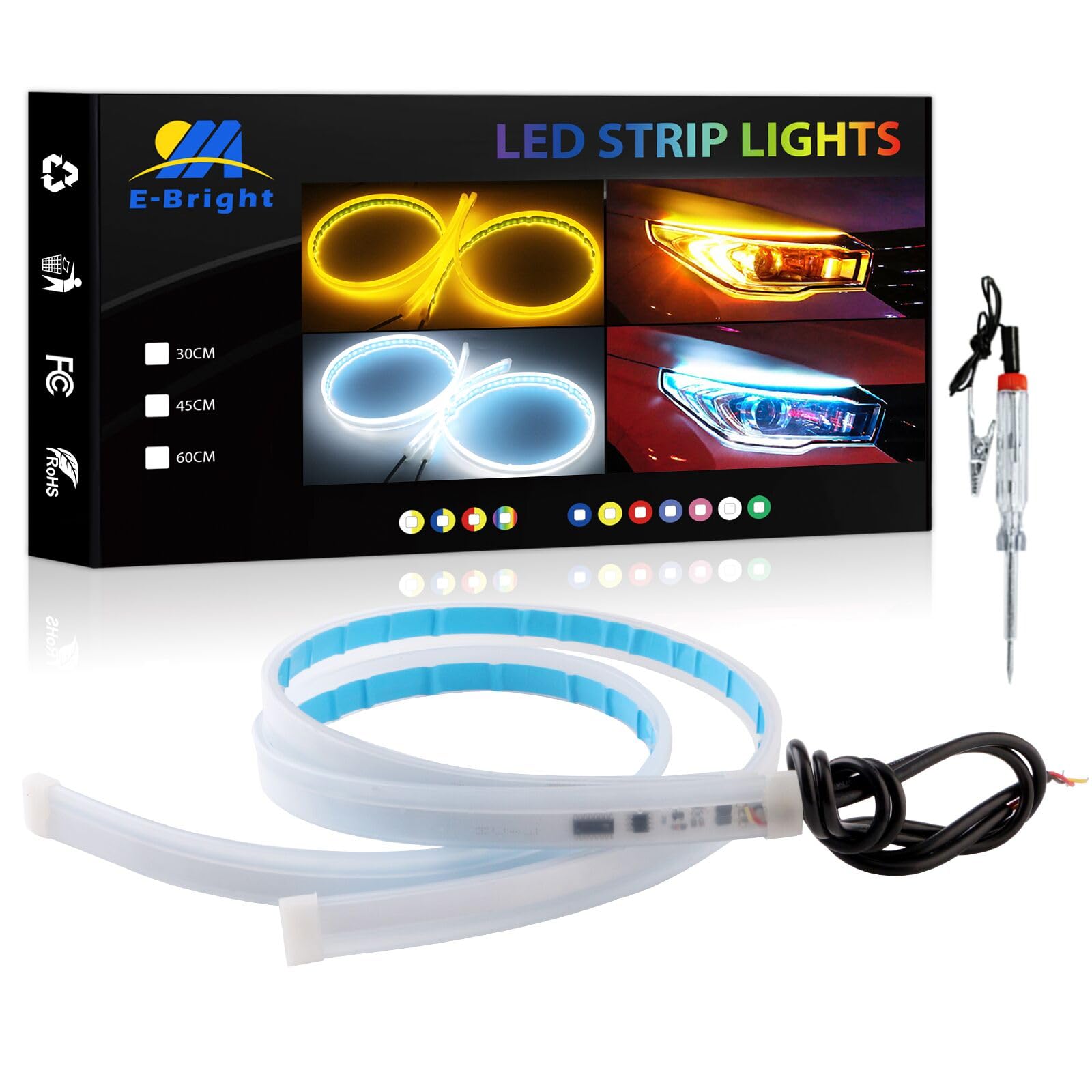YM E-Bright DRL LED-Streifen, 2 Stück, Tagfahrlicht, flexibel, 24 Zoll, 12 V, LED-Tagfahrlicht, LED-Streifen für Autoscheinwerfer, Rücklicht, Blinker (Bernstein & Weiß) von YM E-Bright