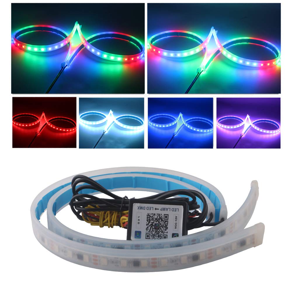 YM E-Bright DRL LED-Streifen, 2 Stück RGB Tagfahrlichtstreifen, flexibel, 24 Zoll, 12 V, LED-Tagfahrlicht, LED-Streifen für Autoscheinwerfer, Rücklicht, Blinklicht mit Bluetooth-Steuerung per App von YM E-Bright