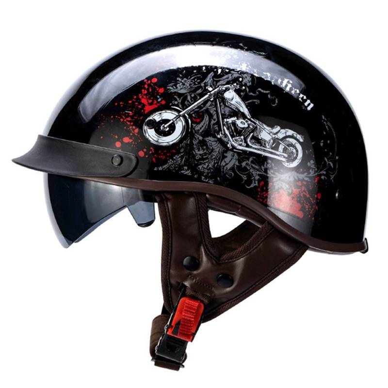 Halbschalenhelm Brain-Cap Halbschale Jet-Helm ECEDOT-Zulassung Roller-Helm Scooter-Helm Retro Half Helm mit Built-in Visier für Cruiser Chopper Biker Moped 10,L=59~60cm von YMCXZDP