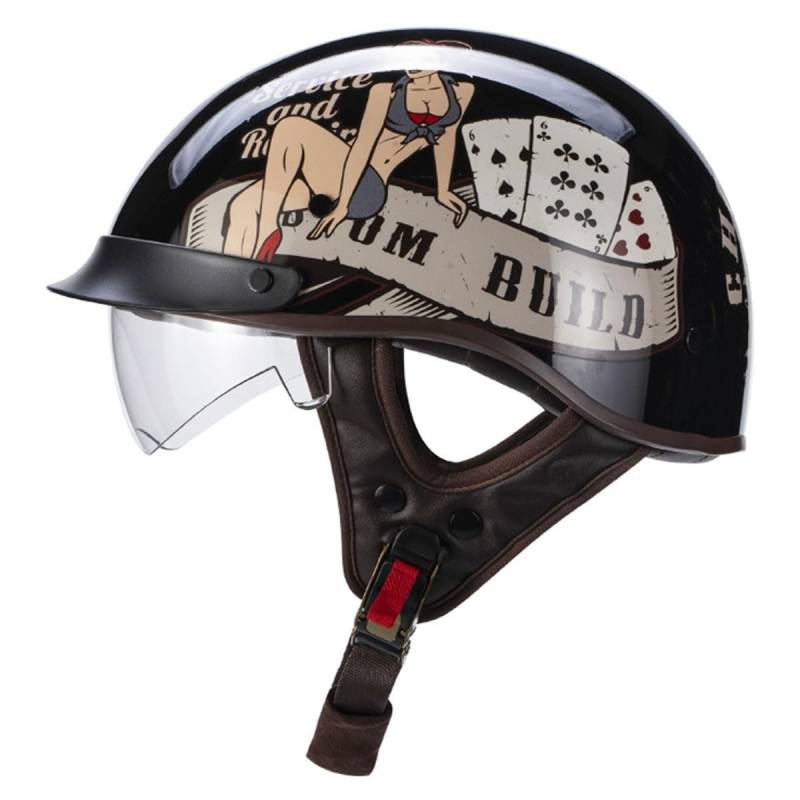 Halbschalenhelm Brain-Cap Halbschale Jet-Helm ECEDOT-Zulassung Roller-Helm Scooter-Helm Retro Half Helm mit Built-in Visier für Cruiser Chopper Biker Moped 3,M=57~58cm von YMCXZDP