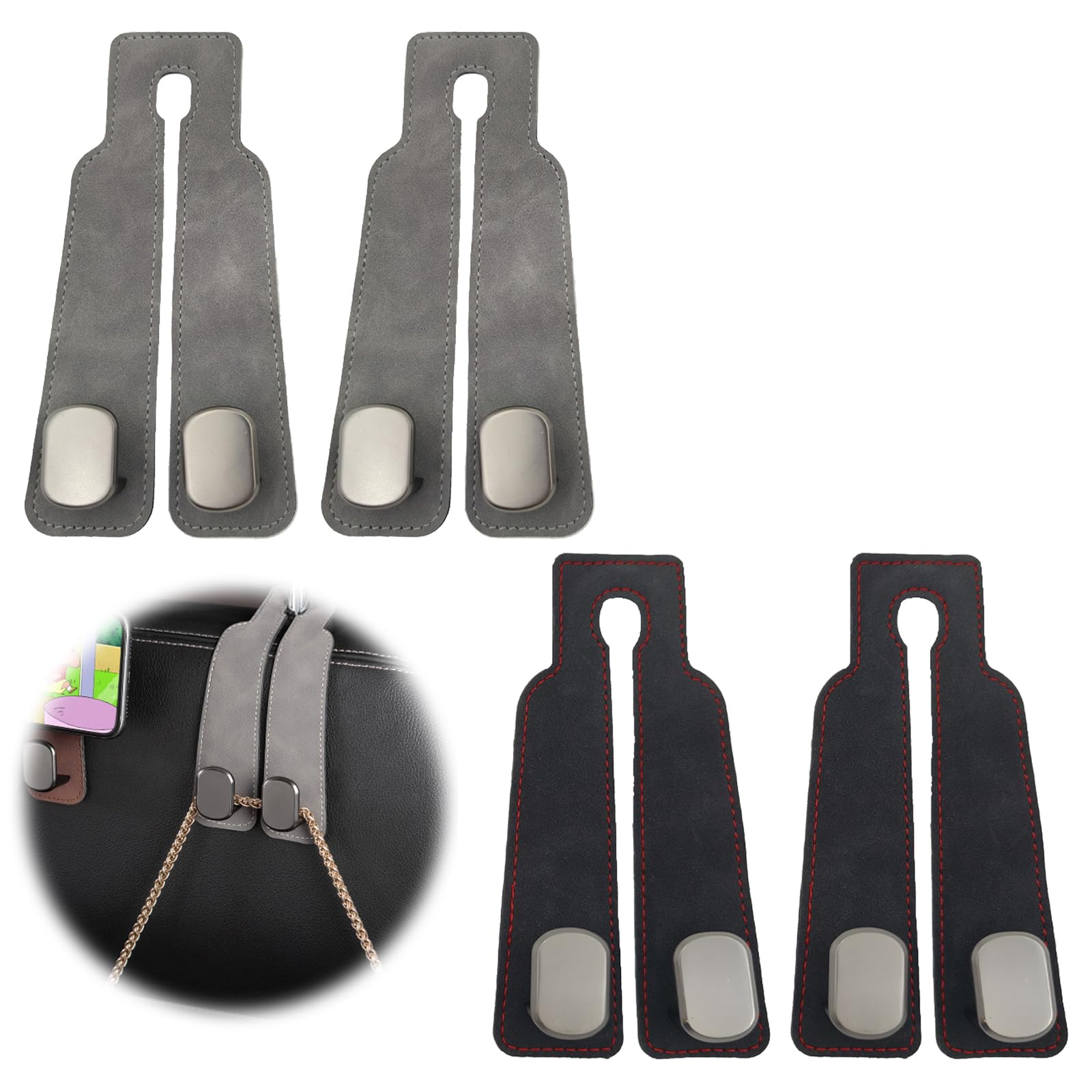 Auto-Rücksitz-Doppelhaken, Leder-Autositz-Organizer, Haken, Auto-Kopfstützen-Haken, Aufbewahrungshaken, Auto-Rücksitz-Organizer für Taschen, Geldbörsen, Handtaschen, Schwarz und Grau, 4 Stück Auto-Rücksitz-Doppelhaken, Leder-Autositz-Organizer, Haken, Auto-Kopfstützen-Haken, Aufbewahrungshaken, Auto-Rücksitz-Organizer für Taschen, Geldbörsen, Handtaschen, Schwarz und Grau, 4 Stück von YNR