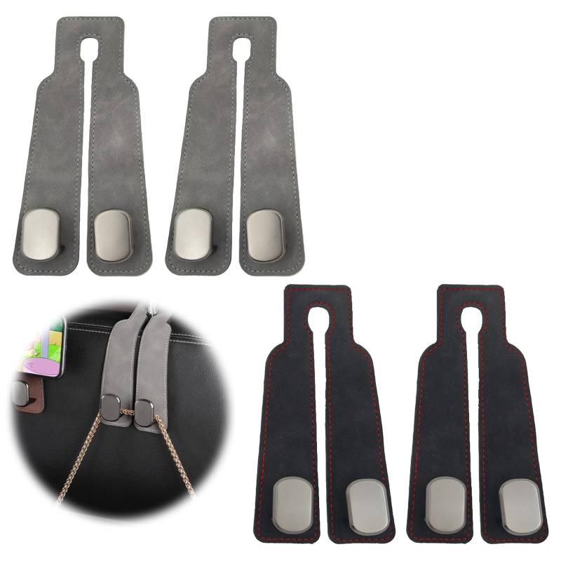 Auto-Rücksitz-Doppelhaken, Leder-Autositz-Organizer, Haken, Auto-Kopfstützen-Haken, Aufbewahrungshaken, Auto-Rücksitz-Organizer für Taschen, Geldbörsen, Handtaschen, Schwarz und Grau, 4 Stück von YNR