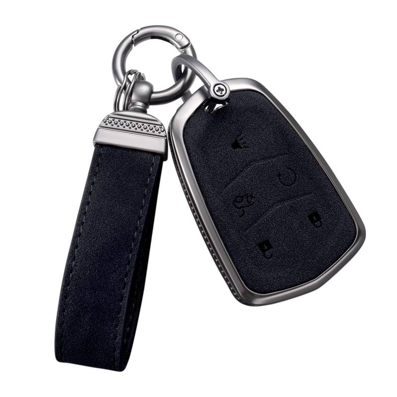 YO&YOYE Kompatibel mit Cadillac Schlüsselanhänger-Abdeckung mit Schlüsselanhänger, Leder-Schlüsselhülle Schutz für Cadillac Escalade CTS SRX XT5 ATS STS CT6 (Modell1, Schwarz) von YO&YOYE
