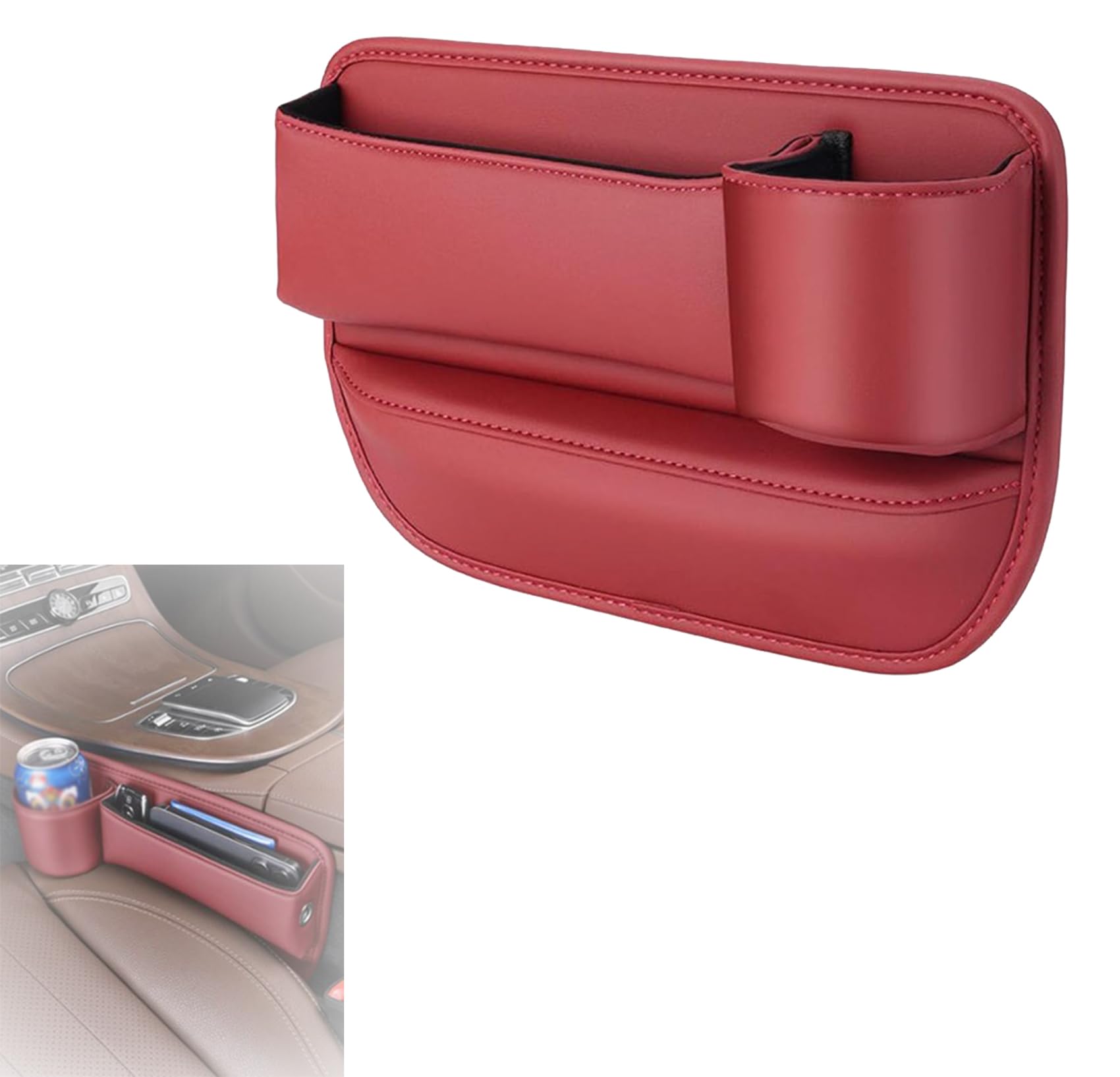Jessena Car Leather Cup Holder Gap Bag, 2024 New Car Seat Storage Bag with Cup Holder, Adjustable Car Seat Storage Box, Car Seat Gap Filler Organizer (for Passenger seat,Red) von YODAOLI