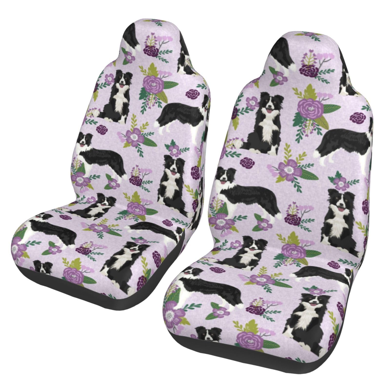 YOFIEN Border Collie Hund Vintage Blumen Lila, 2 Stück Autositzbezüge, Universal-Vordersitze, Rutschfester Sitzschutz von YOFIEN