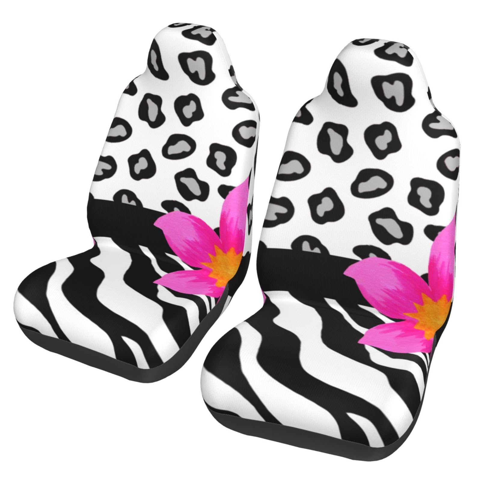 YOFIEN Schwarz-weißes Zebra- und Gepardenfell und rosa Blume, 2-teilige Autositzbezüge, universeller Anti-Rutsch-Sitzschutz für Vordersitze von YOFIEN