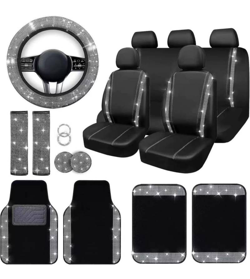 YOINT 20 Teiliges Universal Auto Innenzubehör für Mitsubishi Eclipse Cross 2017-2025, mit Autositzbezüge Lenkradbezug Untersetzer Auto Fußmatten,A/Black-Pink von YOINT