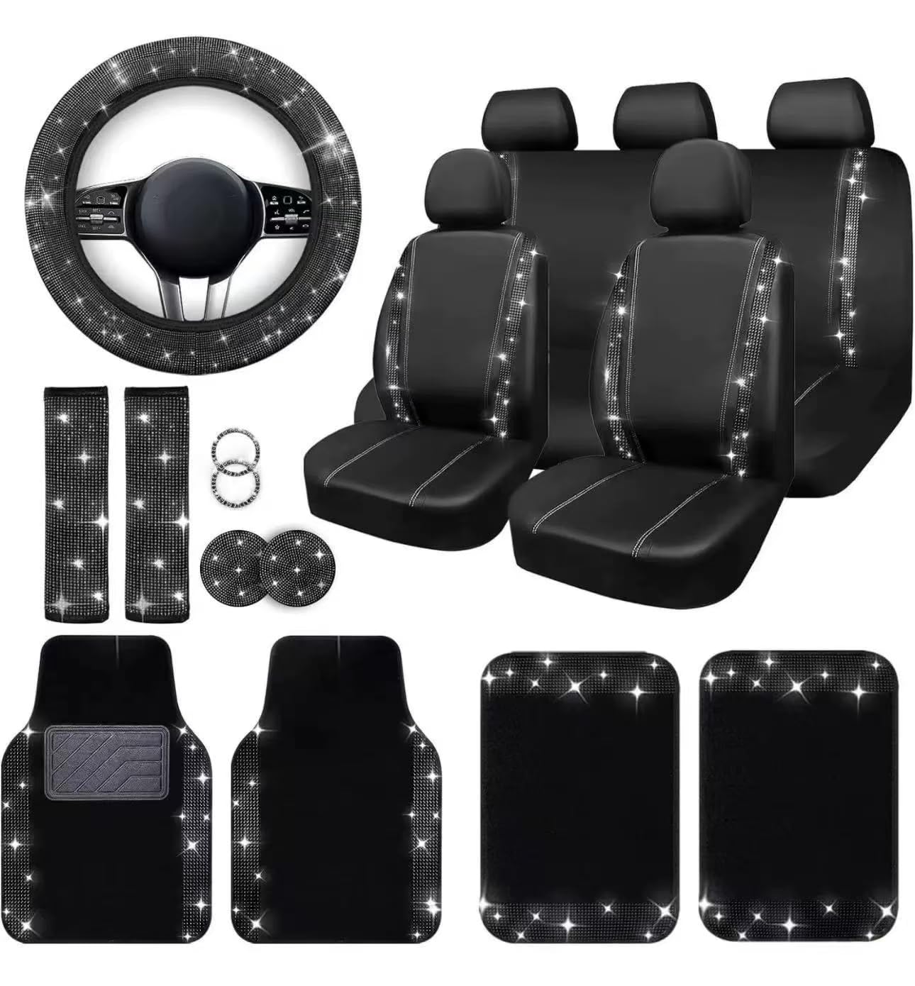 YOINT 20 Teiliges Universal Auto Innenzubehör für Mitsubishi Eclipse Cross 2017-2025, mit Autositzbezüge Lenkradbezug Untersetzer Auto Fußmatten,B/Black-Silver YOINT 20 Teiliges Universal Auto Innenzubehör für Mitsubishi Eclipse Cross 2017-2025, mit Autositzbezüge Lenkradbezug Untersetzer Auto Fußmatten,B/Black-Silver von YOINT