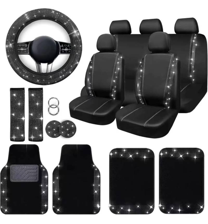 YOINT 20 Teiliges Universal Auto Innenzubehör für Mitsubishi Eclipse Cross 2017-2025, mit Autositzbezüge Lenkradbezug Untersetzer Auto Fußmatten,B/Black-Silver von YOINT