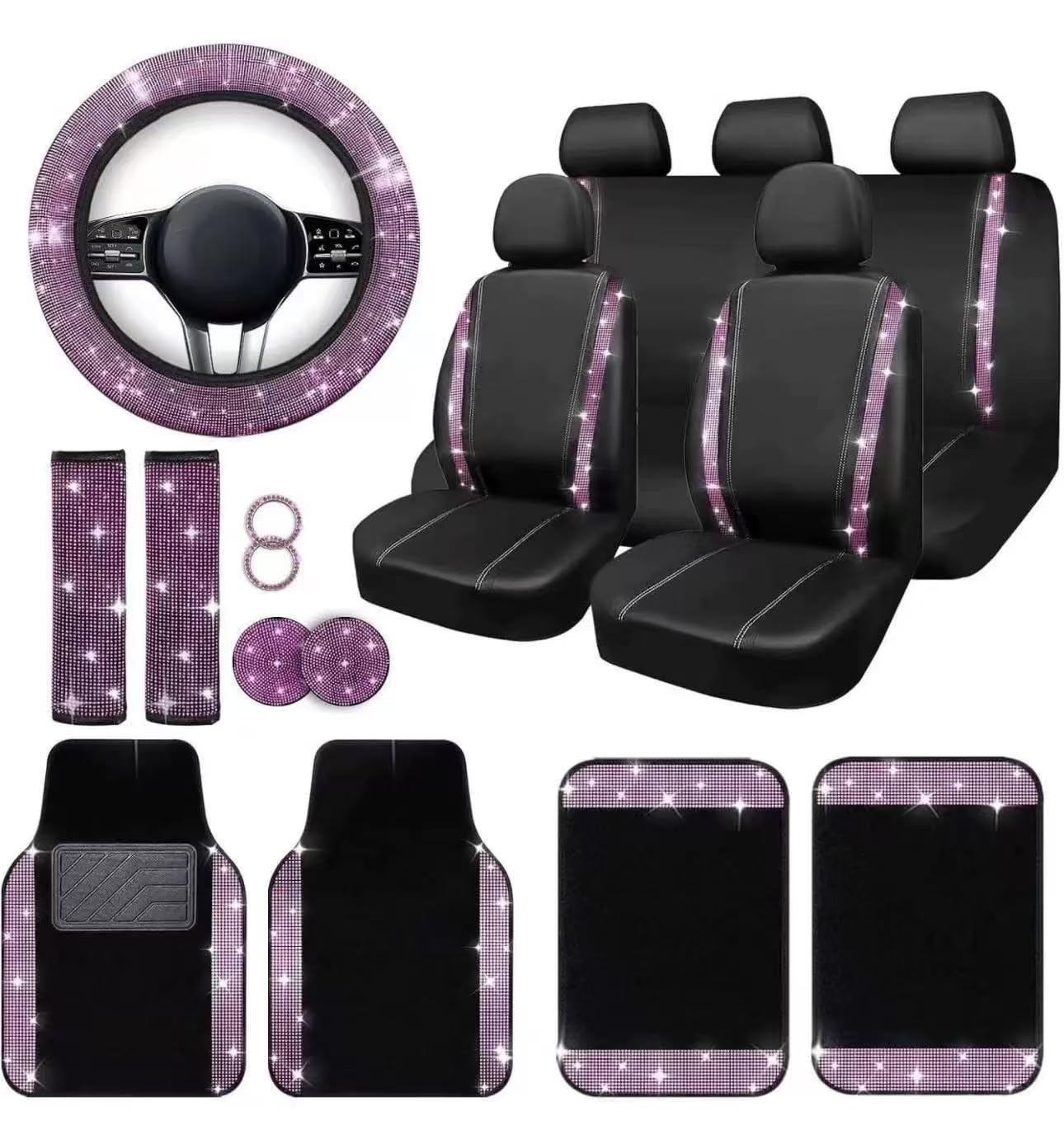 YOINT 20 Teiliges Universal Auto Innenzubehör für Mitsubishi Eclipse Cross 2017-2025, mit Autositzbezüge Lenkradbezug Untersetzer Auto Fußmatten,C/Black-Black YOINT 20 Teiliges Universal Auto Innenzubehör für Mitsubishi Eclipse Cross 2017-2025, mit Autositzbezüge Lenkradbezug Untersetzer Auto Fußmatten,C/Black-Black von YOINT