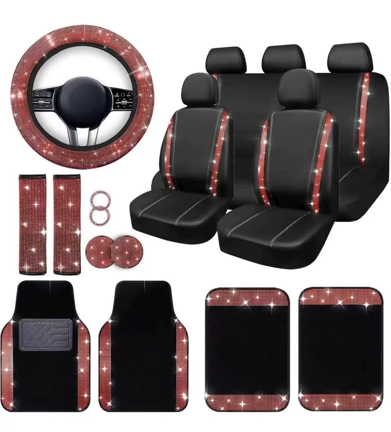 YOINT 20 Teiliges Universal Auto Innenzubehör für Mitsubishi Eclipse Cross 2017-2025, mit Autositzbezüge Lenkradbezug Untersetzer Auto Fußmatten,D/Black-Red YOINT 20 Teiliges Universal Auto Innenzubehör für Mitsubishi Eclipse Cross 2017-2025, mit Autositzbezüge Lenkradbezug Untersetzer Auto Fußmatten,D/Black-Red von YOINT