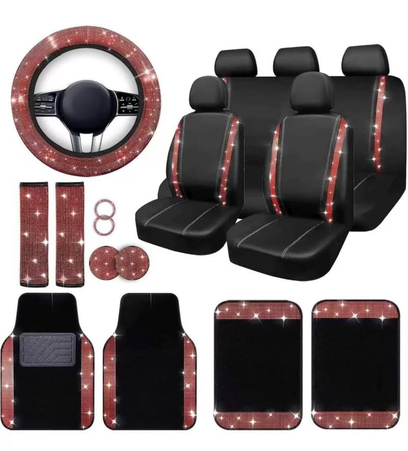 YOINT 20 Teiliges Universal Auto Innenzubehör für Mitsubishi Eclipse Cross 2017-2025, mit Autositzbezüge Lenkradbezug Untersetzer Auto Fußmatten,D/Black-Red von YOINT