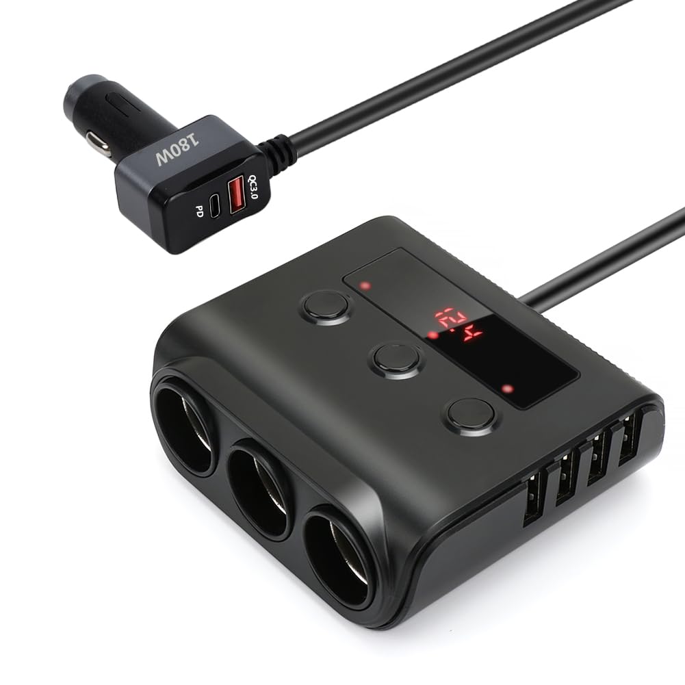 Zigarettenanzünder Verteiler 180W Auto Ladegerät Adapter, QC 3.0 & USB-C 6 USB-Anschlüsse Zigarettenanzündersplitter gleichzeitig Aufladen für Smartphone Navi iPad Dashcam GPS Echo-Auto Sitzheizung von YONGYAO