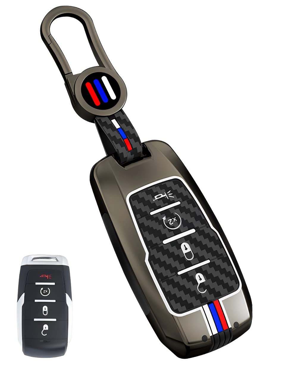 YONUFI Schutzhülle für Dodge Ram 1500 Schlüsselanhänger, Metallgehäuse, Smart-Schlüsselhalter-Schutz, Carbon Fiber, 4 Button von YONUFI