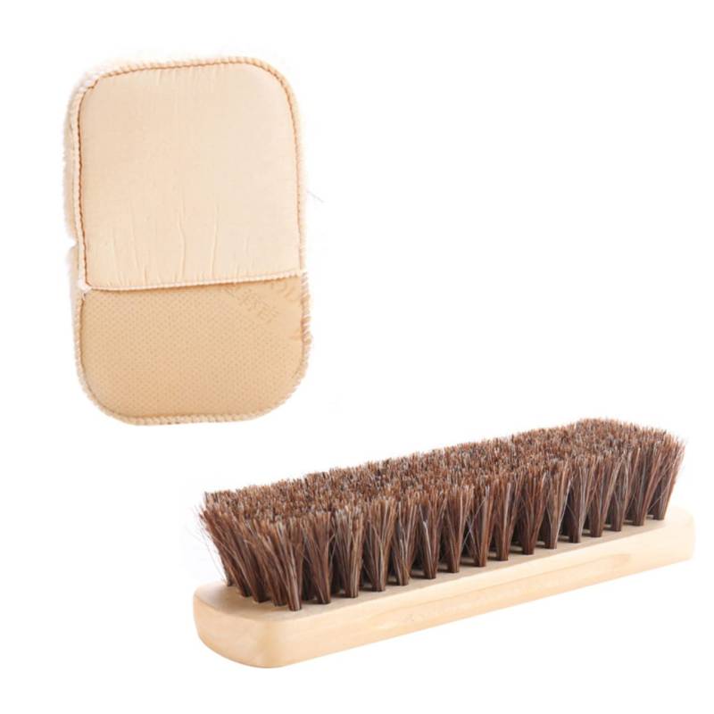 YOSADIER 2Stücke Teiliges Leder Reinigungsset mit Plüschhandschuh und Holzgriff Rosshaarbürste Effektive Pflege für Glattleder Autos Taschen und Mehr Einfach zu Bedienen Lagern von YOSADIER