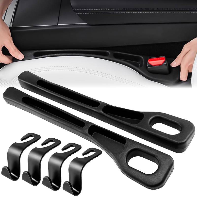 YOUNGSAY 2 Stück Autositz Lückenfüller + 4 Auto Haken, Universal Sitzlückenfüller Auto, Autositz Spaltfüller für die Meisten Modelle von Autos (Schwarz) von YOUNGSAY