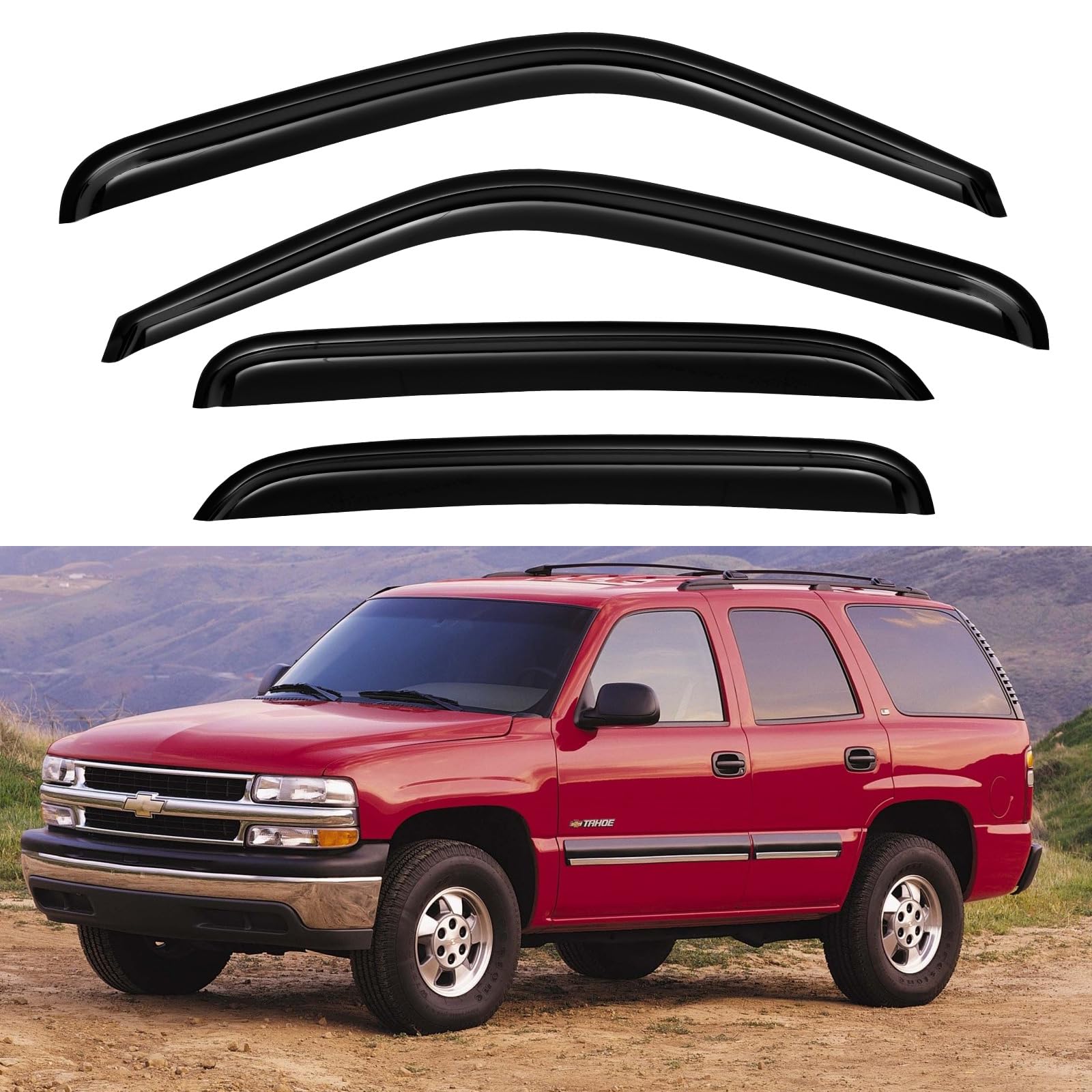 YQAUTEC Fenster-Regenschutz für Chevy Tahoe/GMC Yukon 2000–2006, Fenster-Entlüftungsblenden, Sonnenblenden, Windabweiser für Cadillac Escalade 2002–2006 YQAUTEC Fenster-Regenschutz für Chevy Tahoe/GMC Yukon 2000–2006, Fenster-Entlüftungsblenden, Sonnenblenden, Windabweiser für Cadillac Escalade 2002–2006 von YQAUTEC