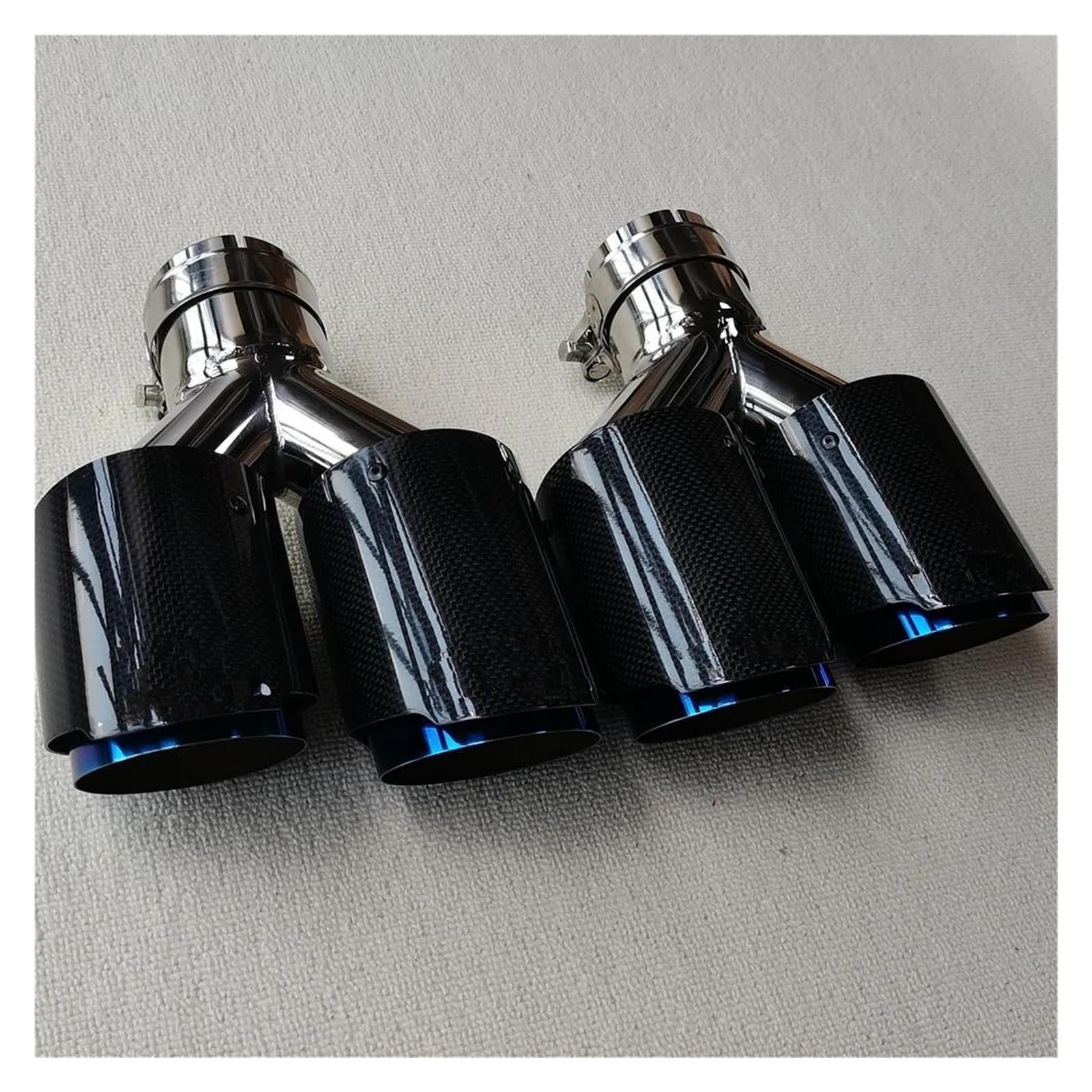 Endrohrblenden 2 STÜCKE Auspuffanlage Schalldämpferrohr Aus Glänzender Kohlefaser Universal Y-Typ Dual Outlet Blau Edelstahl-Endrohre Auto Auspuffblende(ID 73MM-OD 101MM) von YSQIFBABD