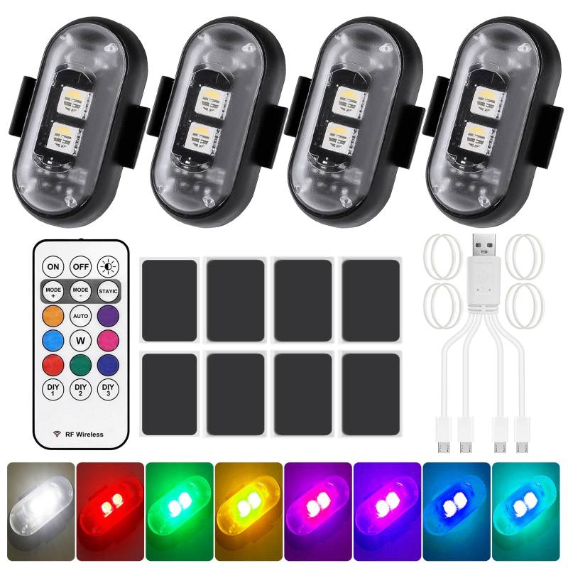 YSWOVUO 4 Stück Kabellose LED Lichter Auto, 8 Farben LED Blitzlicht mit Fernbedienung Auto, USB Antikollisionslichter Strobe Drone Light für Motorrad, Fahrrad, Drohne von YSWOVUO