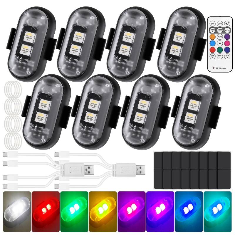 YSWOVUO 8 Stück Kabellose LED Lichter Auto, 8 Farben LED Blitzlicht mit Fernbedienung Auto, USB Antikollisionslichter Strobe Drone Light für Motorrad, Fahrrad, Drohne von YSWOVUO