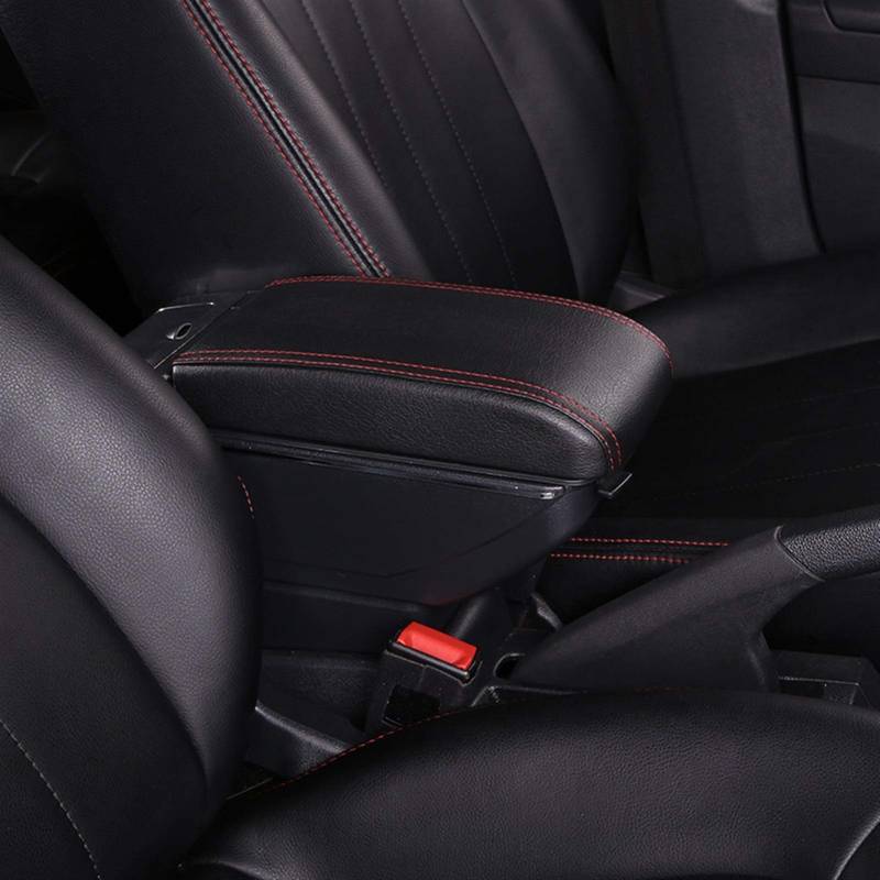 Für Ford Fiesta 2009-2017 PU Leder Dual Layer Central Store Content Box Riseable Armlehne Box Cup Holder Aschenbecher(Red-Black) von YTREAMC