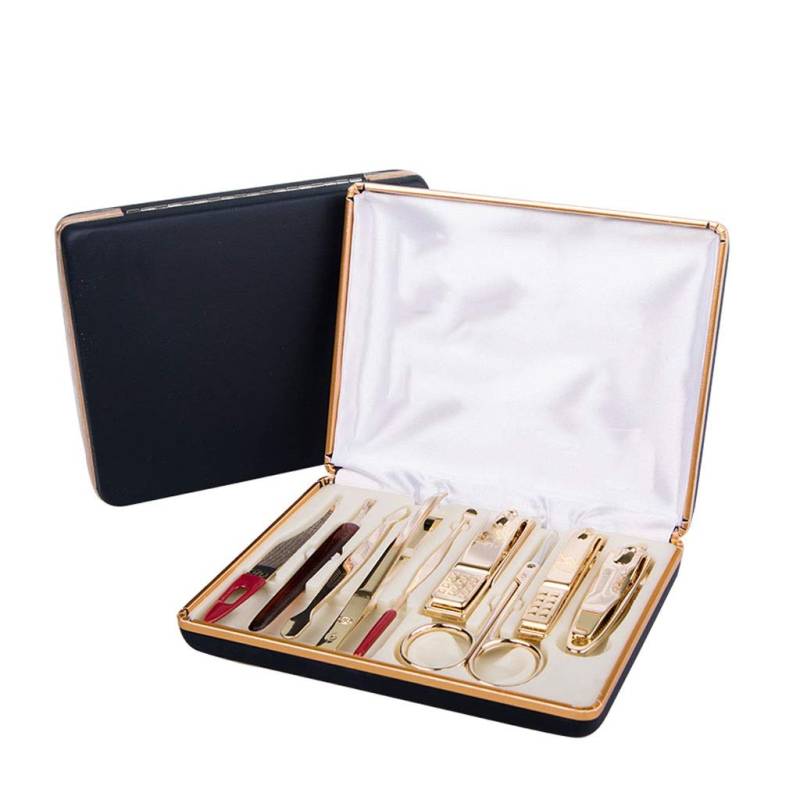 YUEKOPOU Golden Stainless Steel Nail Care Set - 9-Piece Travel Beauty Tool Kit with Oblique Scissors and Nail File von YUEKOPOU