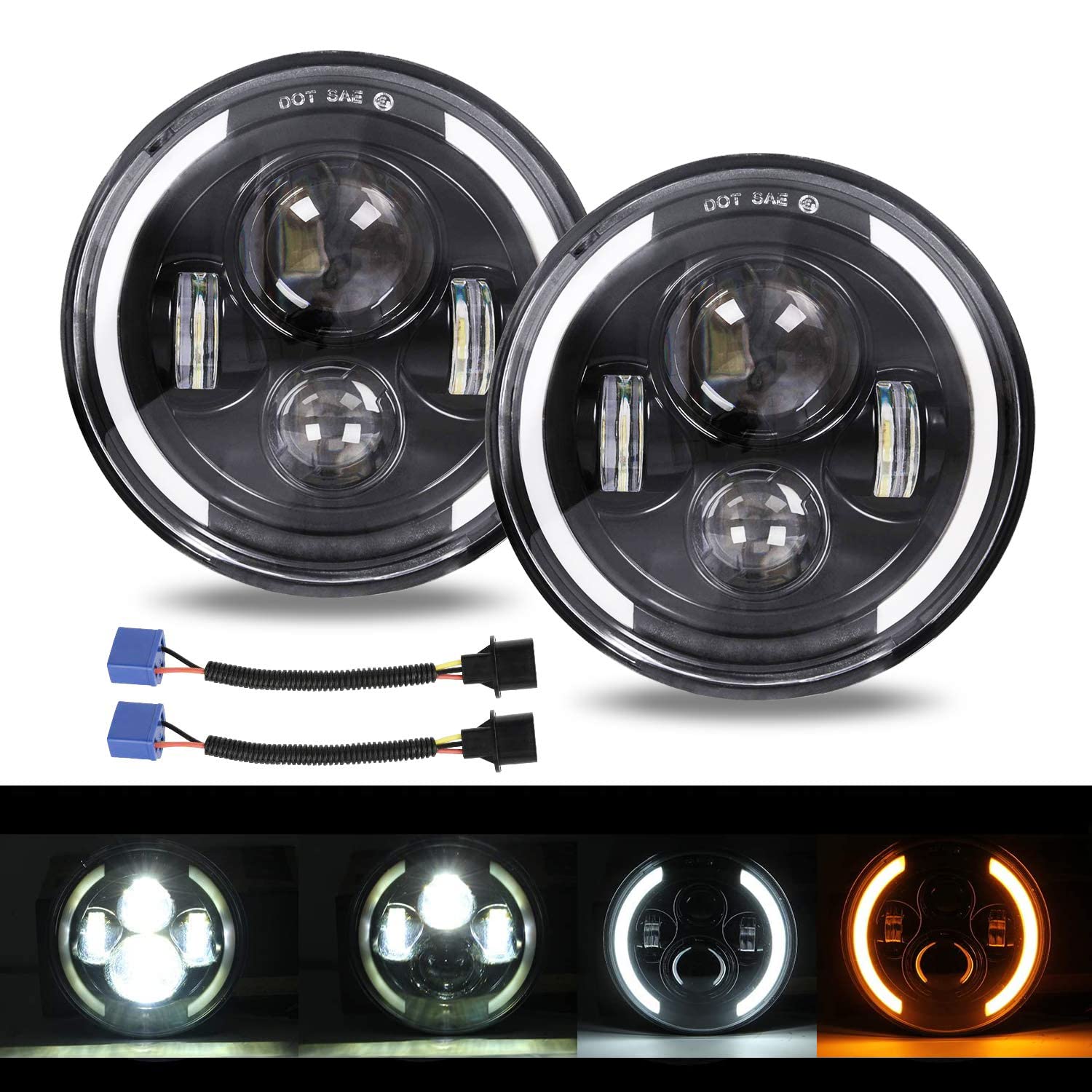 Paar 7" LED Arbeitslicht 200W 20000LM 4 Linsen Angel Eyes 3000K+6000K 4 Modi Beleuchtung Runde schwarze Lichter LED Offroad Feuer Kreuz DRL HI LO Strahl für Wrangler JK TJ LJ CJ Ha-ley Hum-mer von YUGUANG