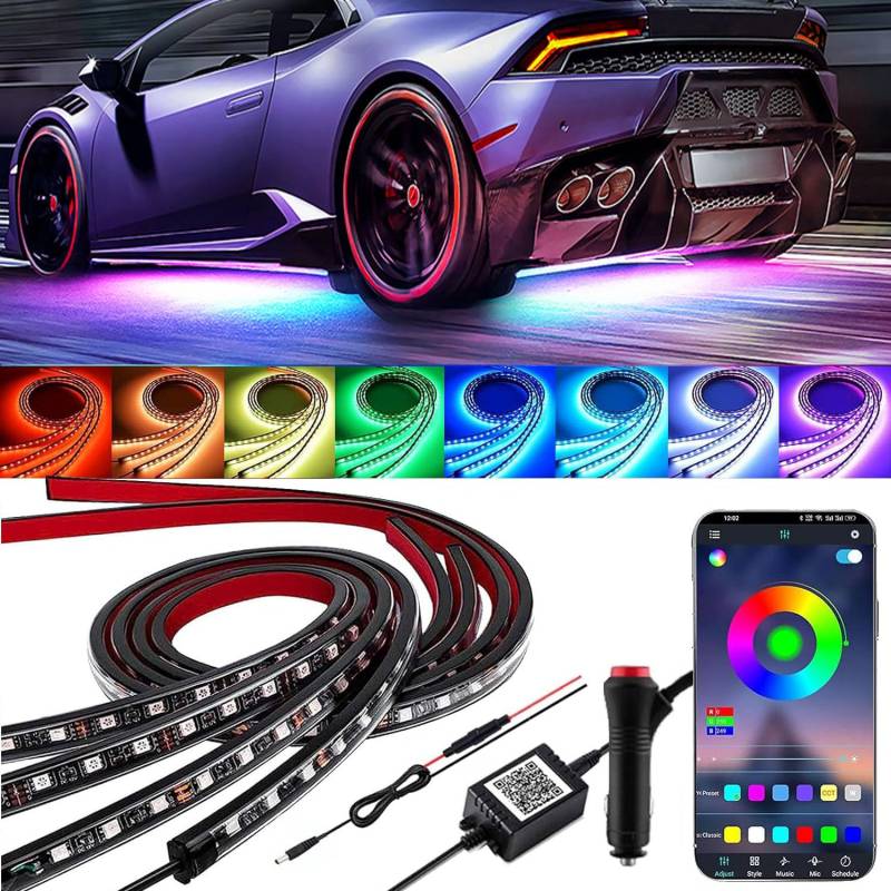YUGUANG 4 PCS unter Beleuchtung für Auto, APP-Kontrolle Mehrfarbige Lichter synchronisiert mit Musik RGB Lichtstreifen wasserdicht für Autos, SUVs. von YUGUANG