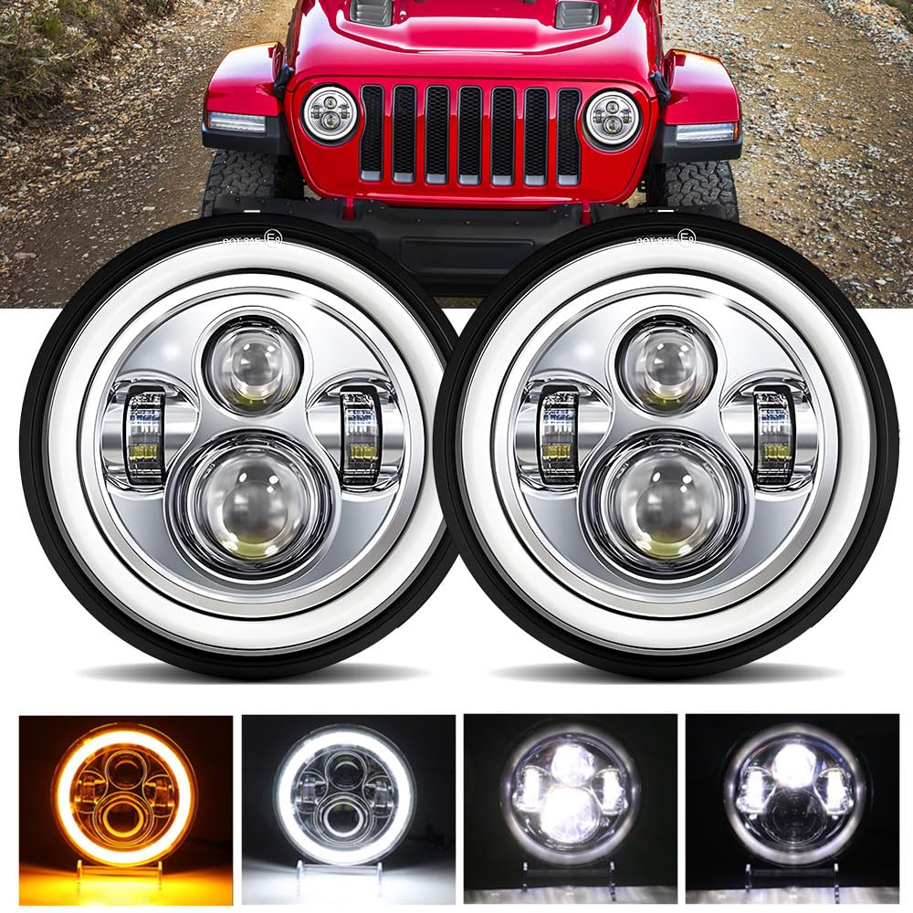 YUGUANG Paar 7" LED Arbeitslicht 100W 10000LM 4 Linsen Angel Eyes 3000K+6000K 4 Modi Beleuchtung Runde schwarze Lichter LED Offroad Feuer Kreuz DRL HI LO Strahl für Wrangler JK TJ LJ CJ Hummber von YUGUANG