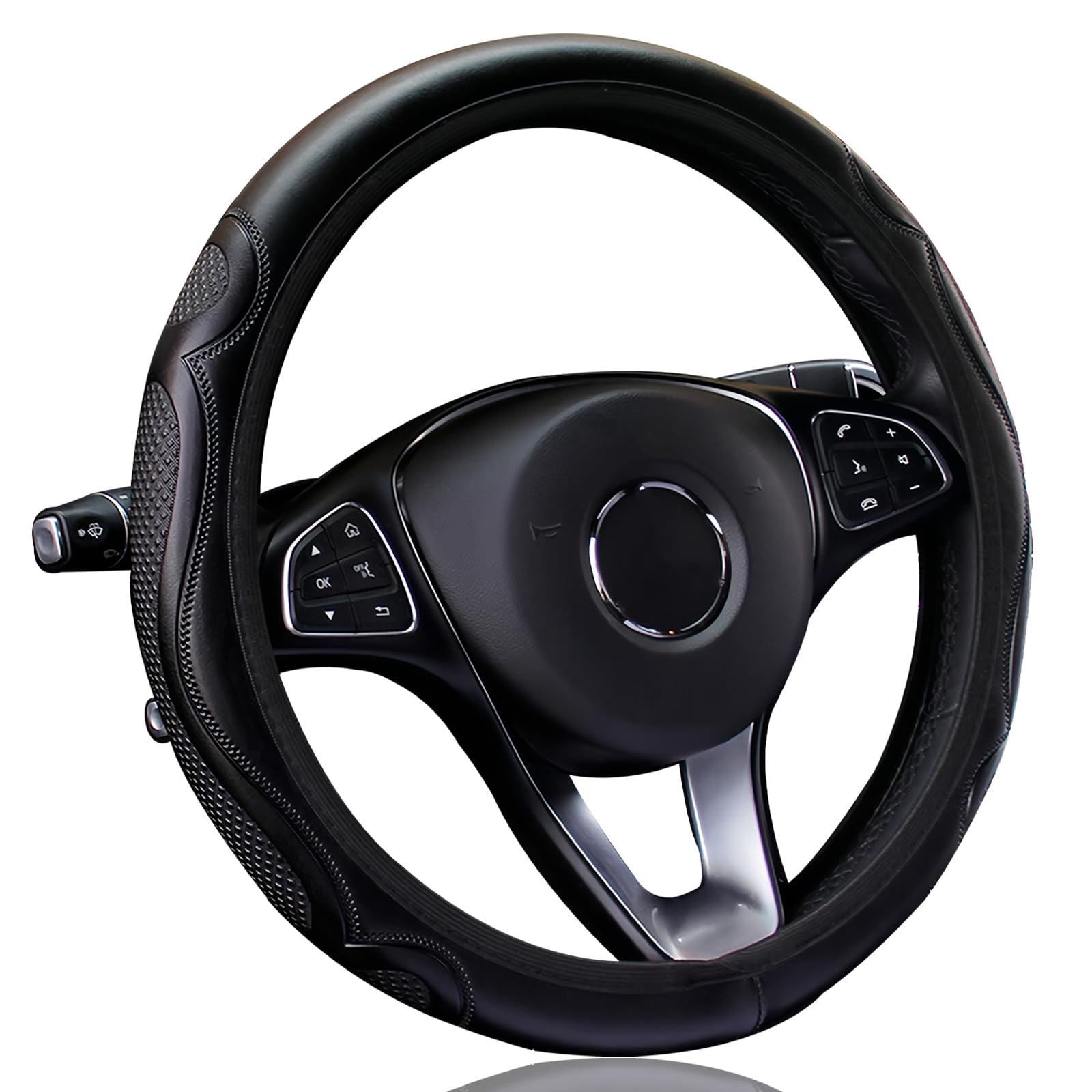 Lenkradbezug Leder, Lenkradhüllen Universal Anti Rutsch Atmungsaktiv Verschleißfest Elastizität Prägung Mikrofaser Auto Lenkradbezug Schutzhülle Steering Wheel Cover 37-38cm Schwarz Lenkradbezug Leder, Lenkradhüllen Universal Anti Rutsch Atmungsaktiv Verschleißfest Elastizität Prägung Mikrofaser Auto Lenkradbezug Schutzhülle Steering Wheel Cover 37-38cm Schwarz von YUJINGTING